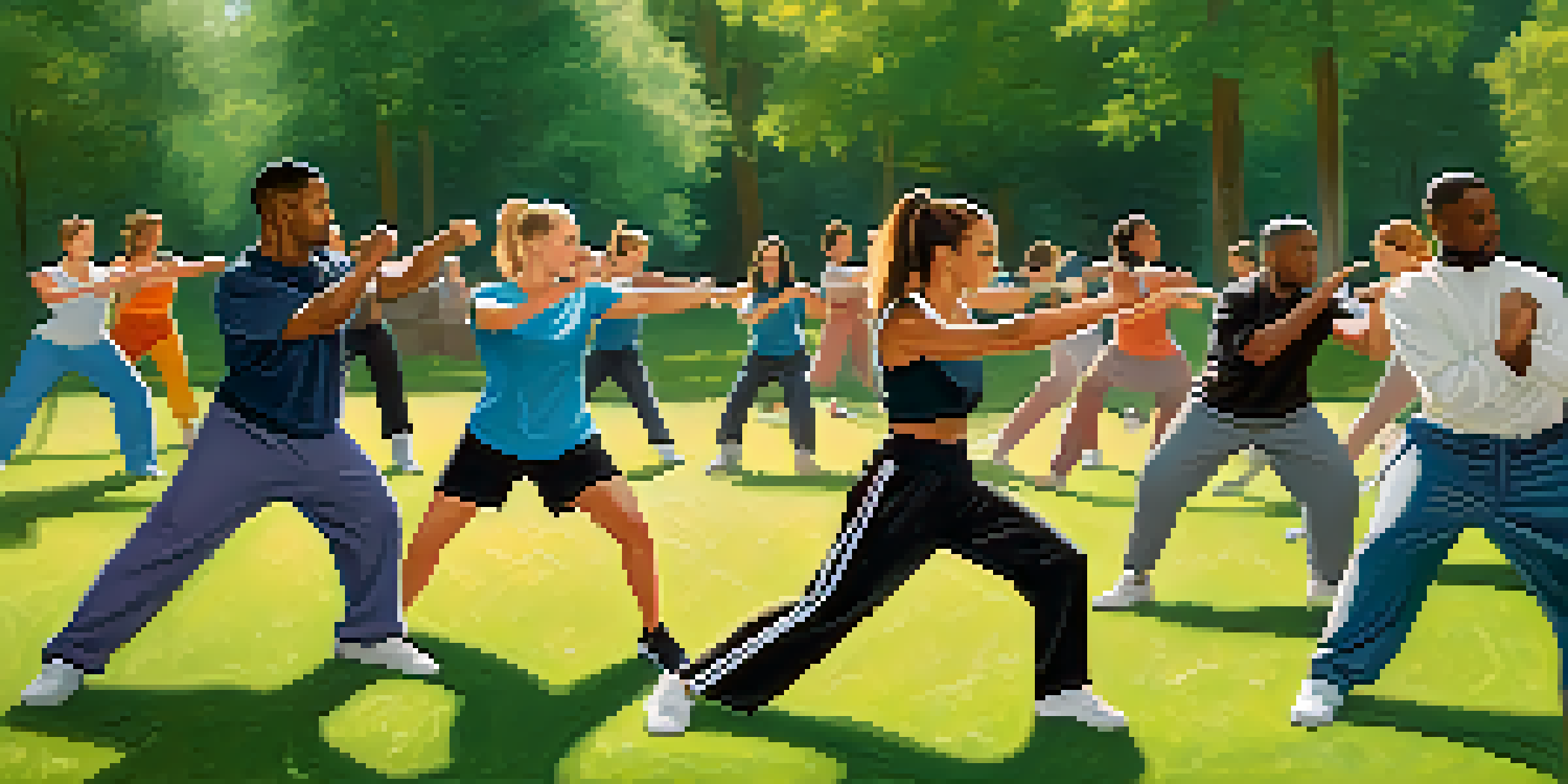 A diverse group of people practicing self-defense techniques outdoors in a sunny park, demonstrating blocking and escaping moves.