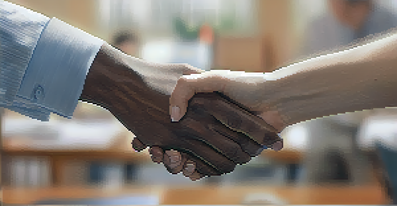 A close-up of two hands shaking in agreement against a blurred office background, symbolizing collaboration and understanding.