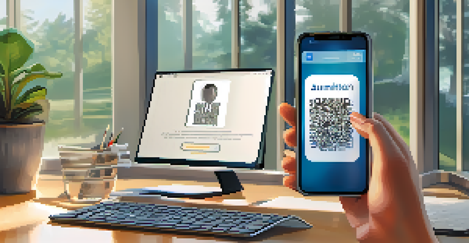 A person using a smartphone with a two-factor authentication screen in a modern home office.