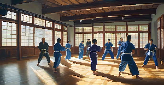 Participants practicing self-defense techniques in a bright dojo, showcasing diversity and action.