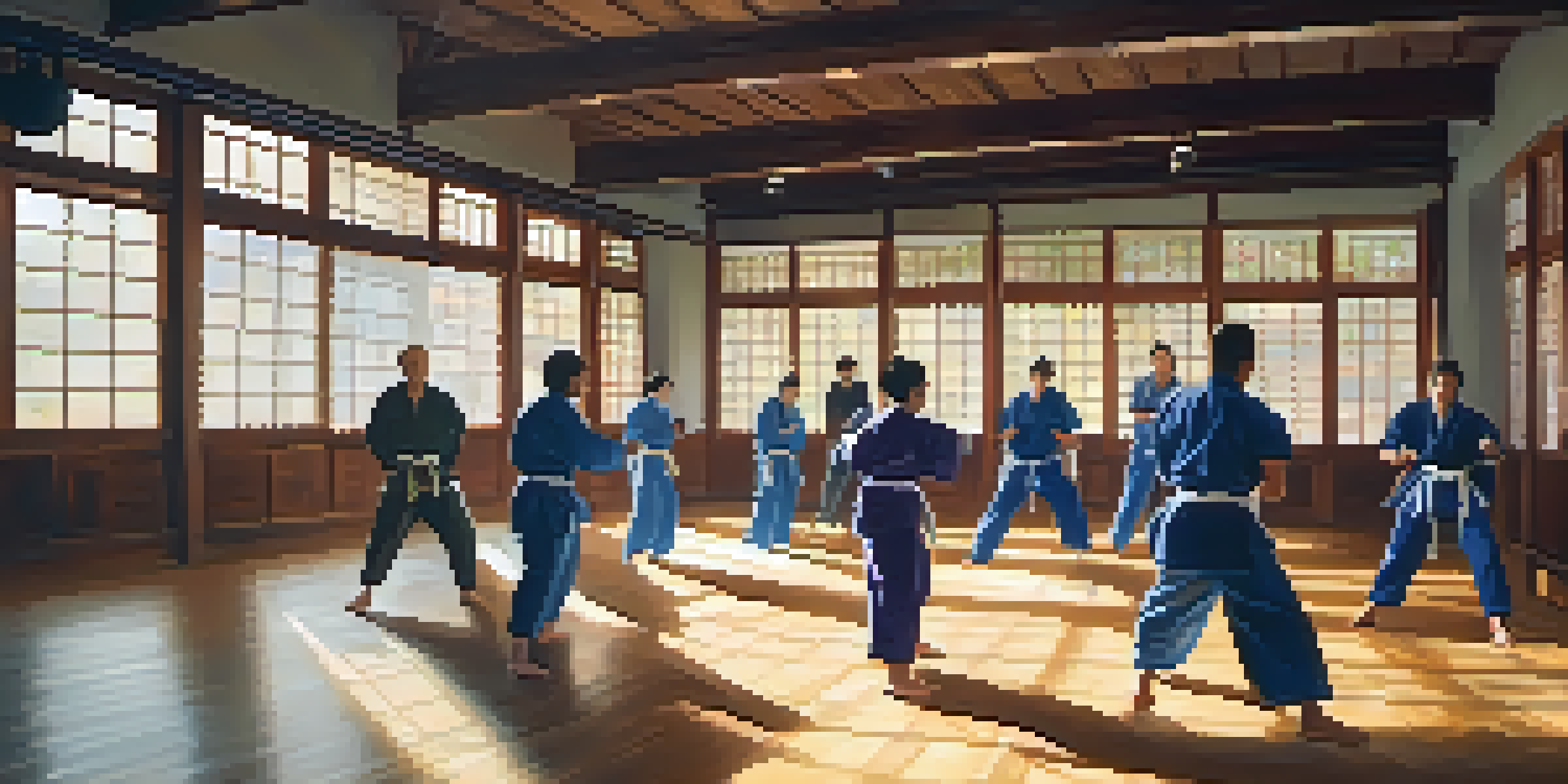 Participants practicing self-defense techniques in a bright dojo, showcasing diversity and action.