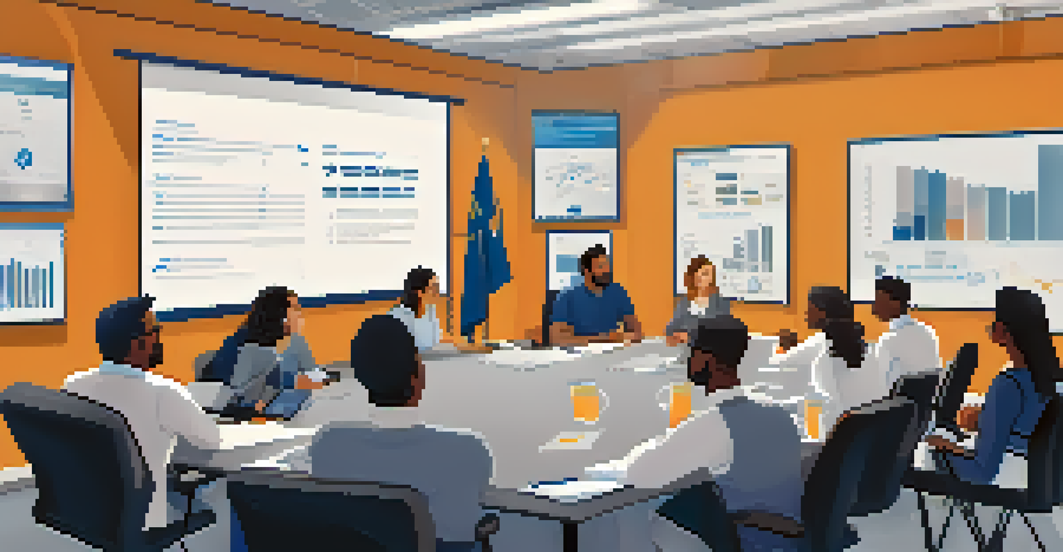 A diverse team in a meeting discussing workplace safety with charts and protocols on display.