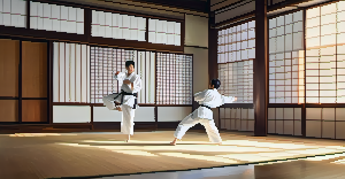 A Karate practitioner executing a front kick in a traditional dojo with sunlight streaming through shoji screens.