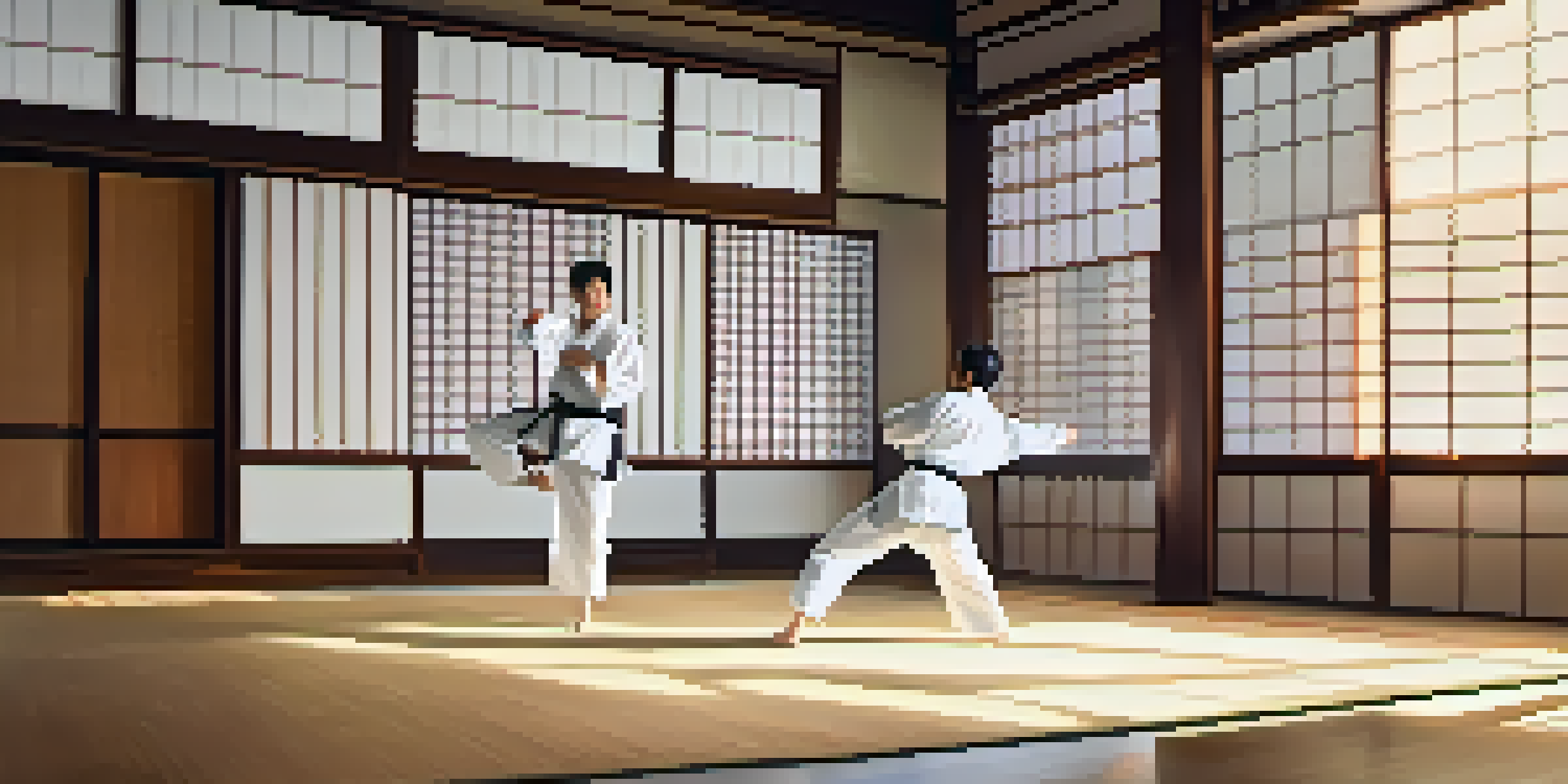 A Karate practitioner executing a front kick in a traditional dojo with sunlight streaming through shoji screens.