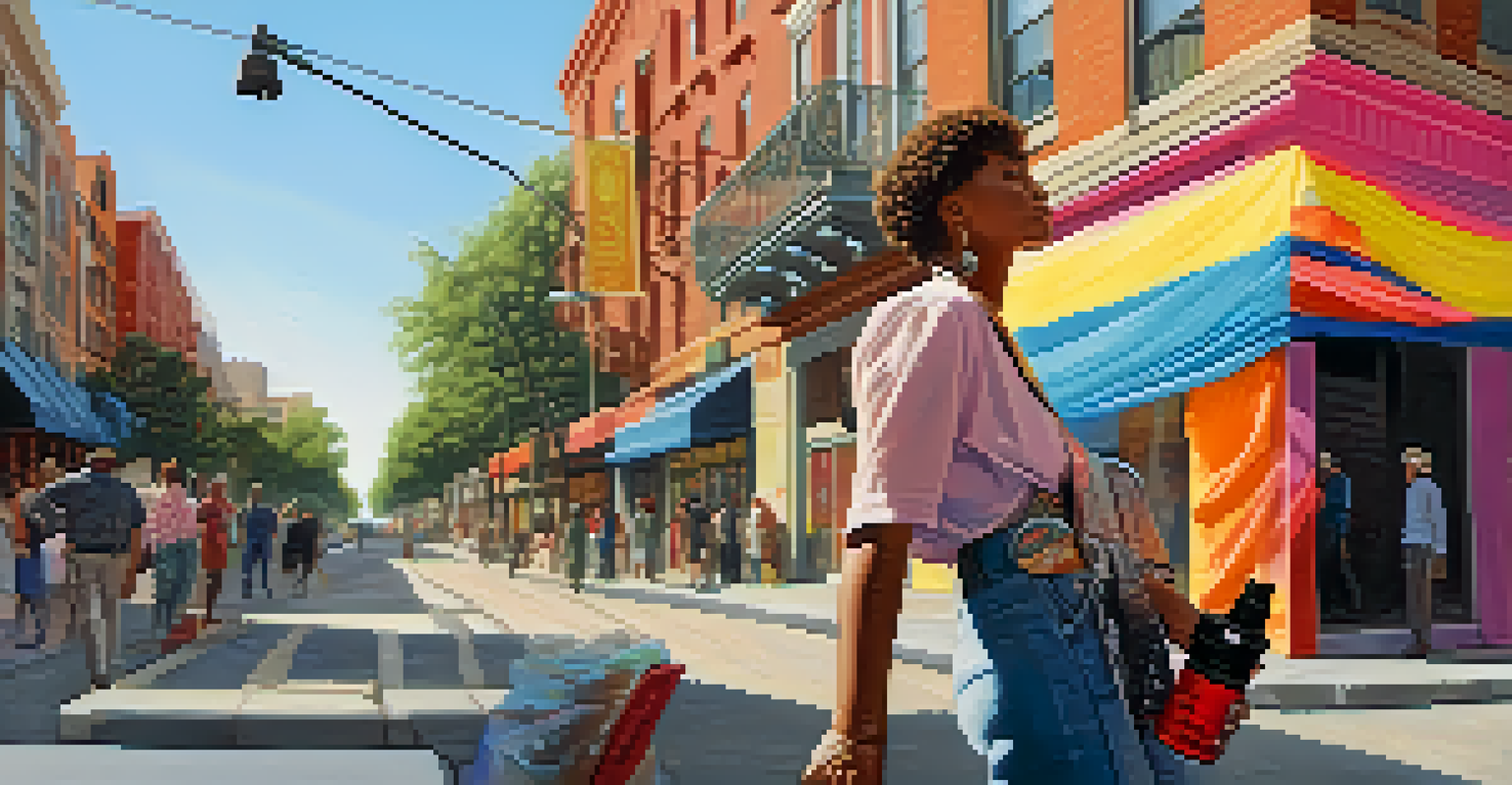 A person holding pepper spray in an urban environment, looking confident amidst a busy street.