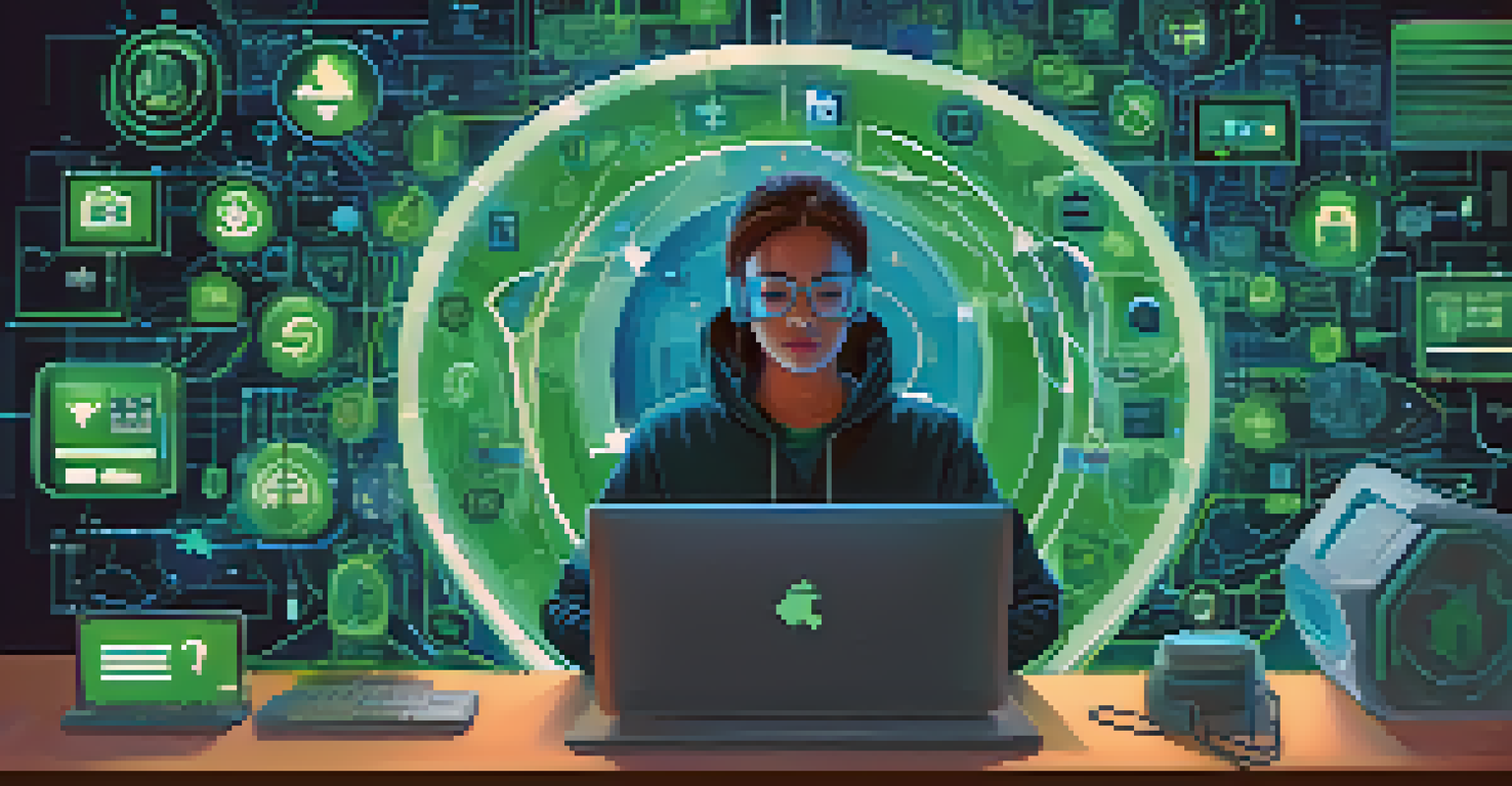 A person at a computer with a shield symbol indicating digital safety, surrounded by security icons.
