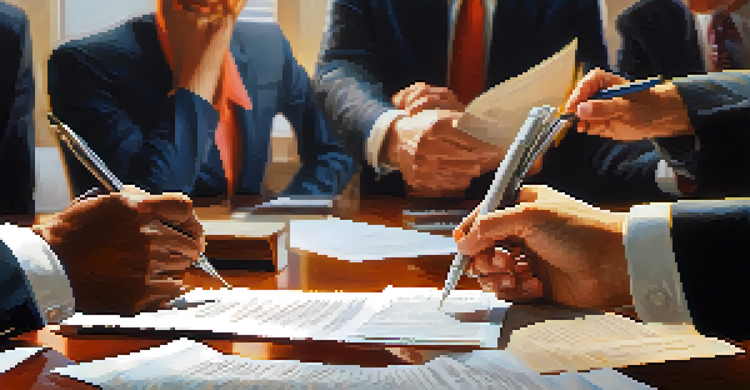 Close-up of hands exchanging documents during a negotiation, with blurred group discussions in the background.