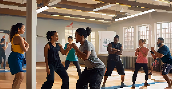 A group of students practicing self-defense techniques in a gym, with an instructor demonstrating a palm strike and students observing and practicing.