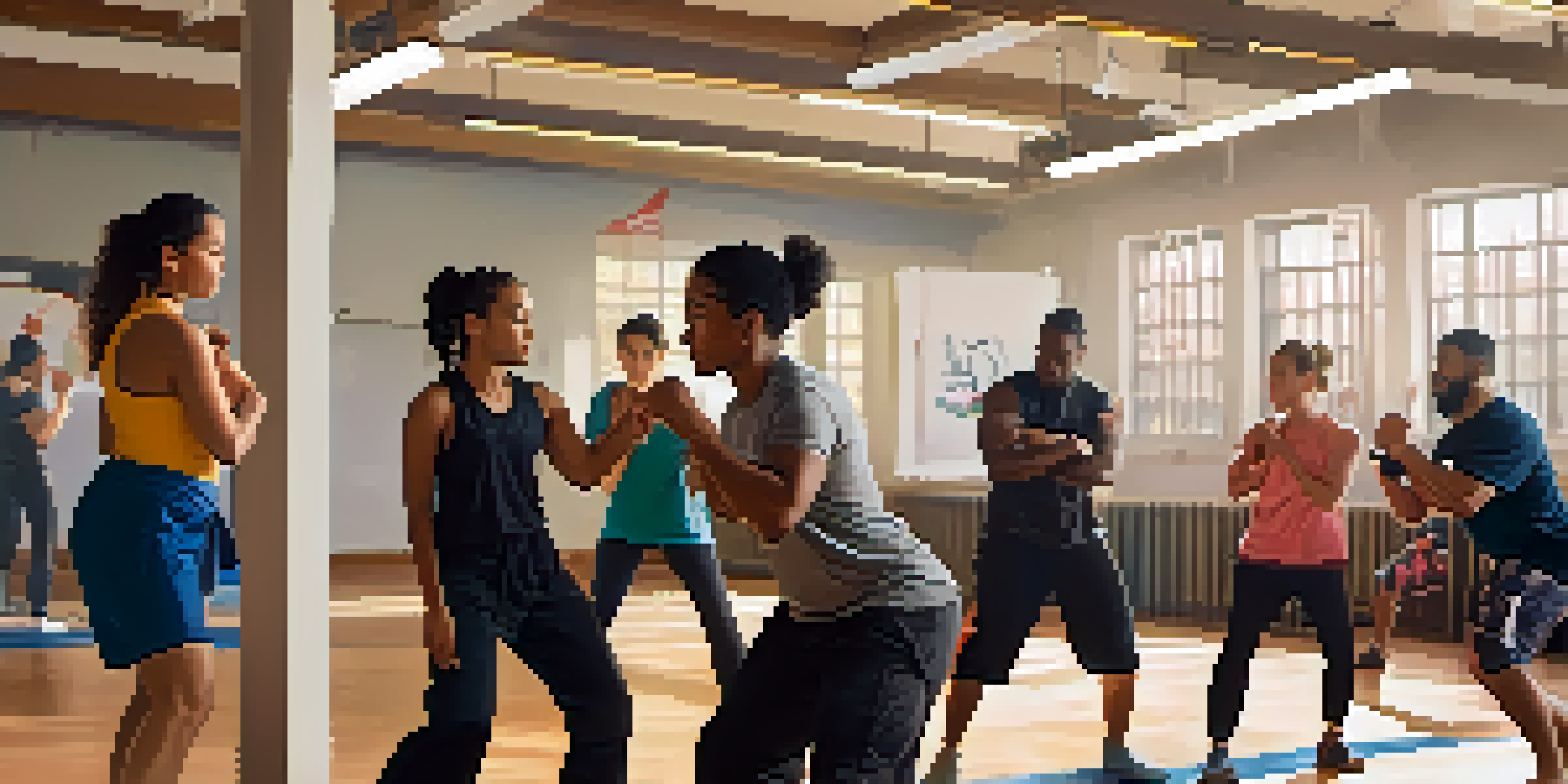 A group of students practicing self-defense techniques in a gym, with an instructor demonstrating a palm strike and students observing and practicing.