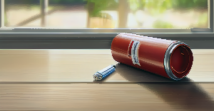 A close-up of a pepper spray canister on a wooden table with soft natural light and a blurred green background.