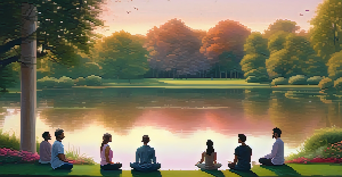 A peaceful park at sunset with people practicing mindfulness and meditation by a pond.
