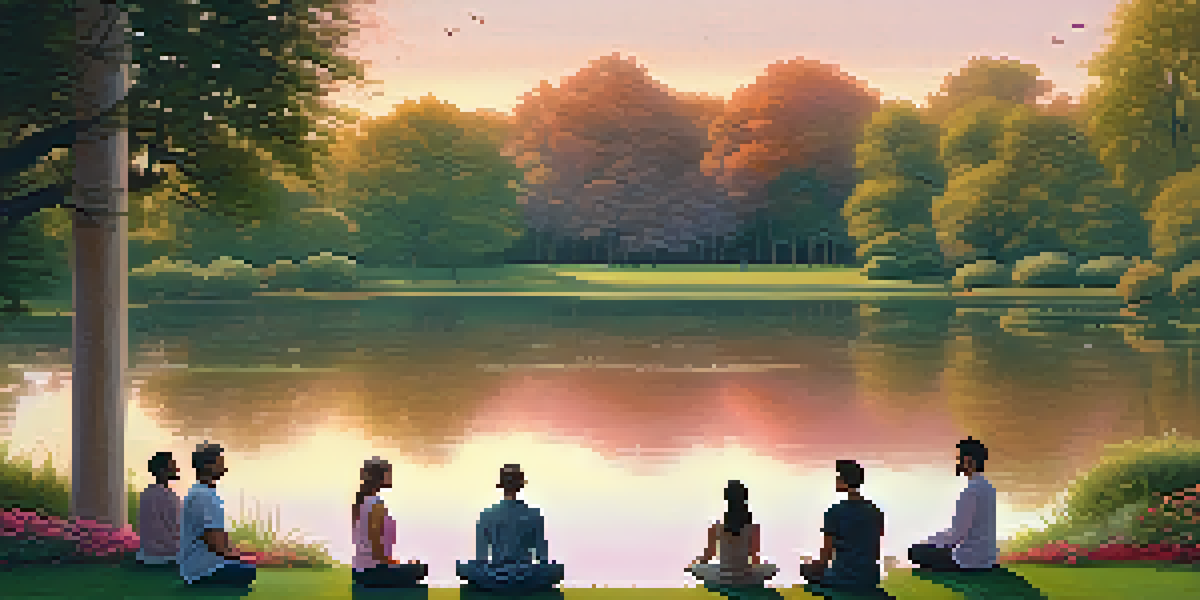 A peaceful park at sunset with people practicing mindfulness and meditation by a pond.