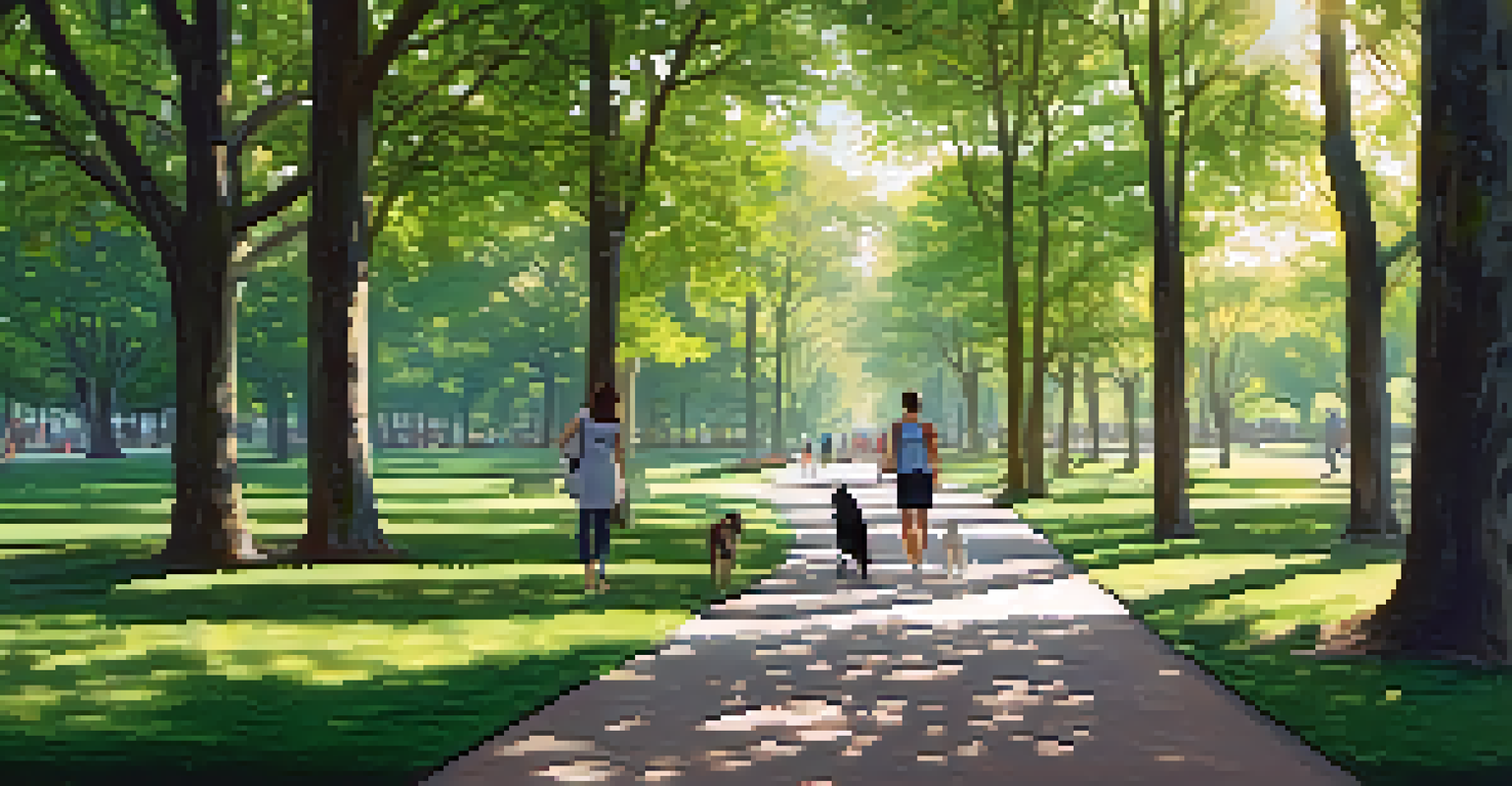 A sunny park with paths, people walking dogs, and families enjoying the outdoors.