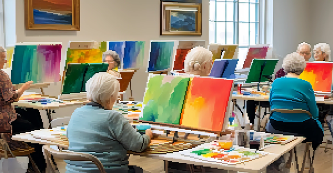 A group of senior citizens happily participating in a painting workshop, showcasing their colorful artworks in a bright and inviting room.