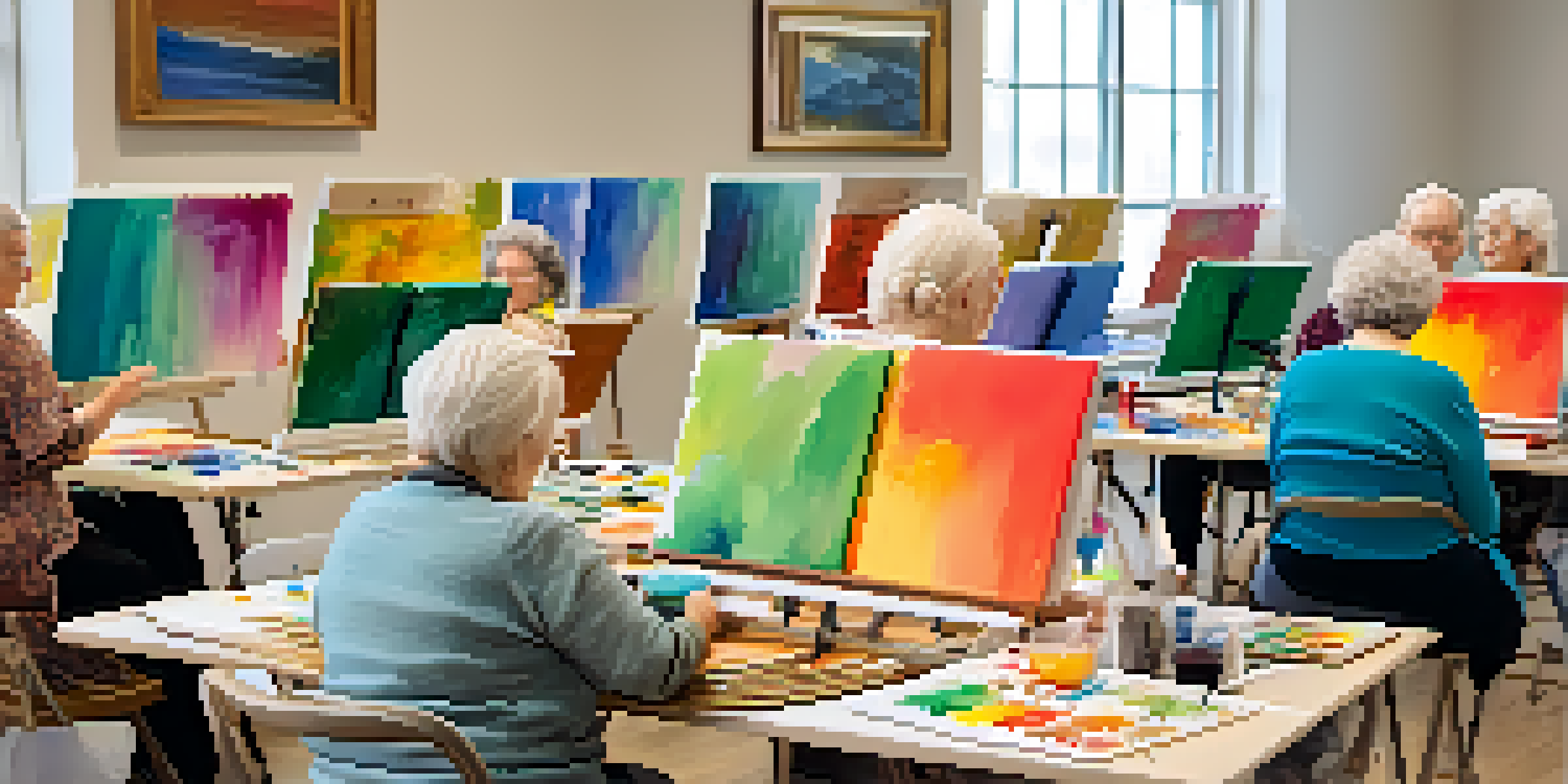 A group of senior citizens happily participating in a painting workshop, showcasing their colorful artworks in a bright and inviting room.