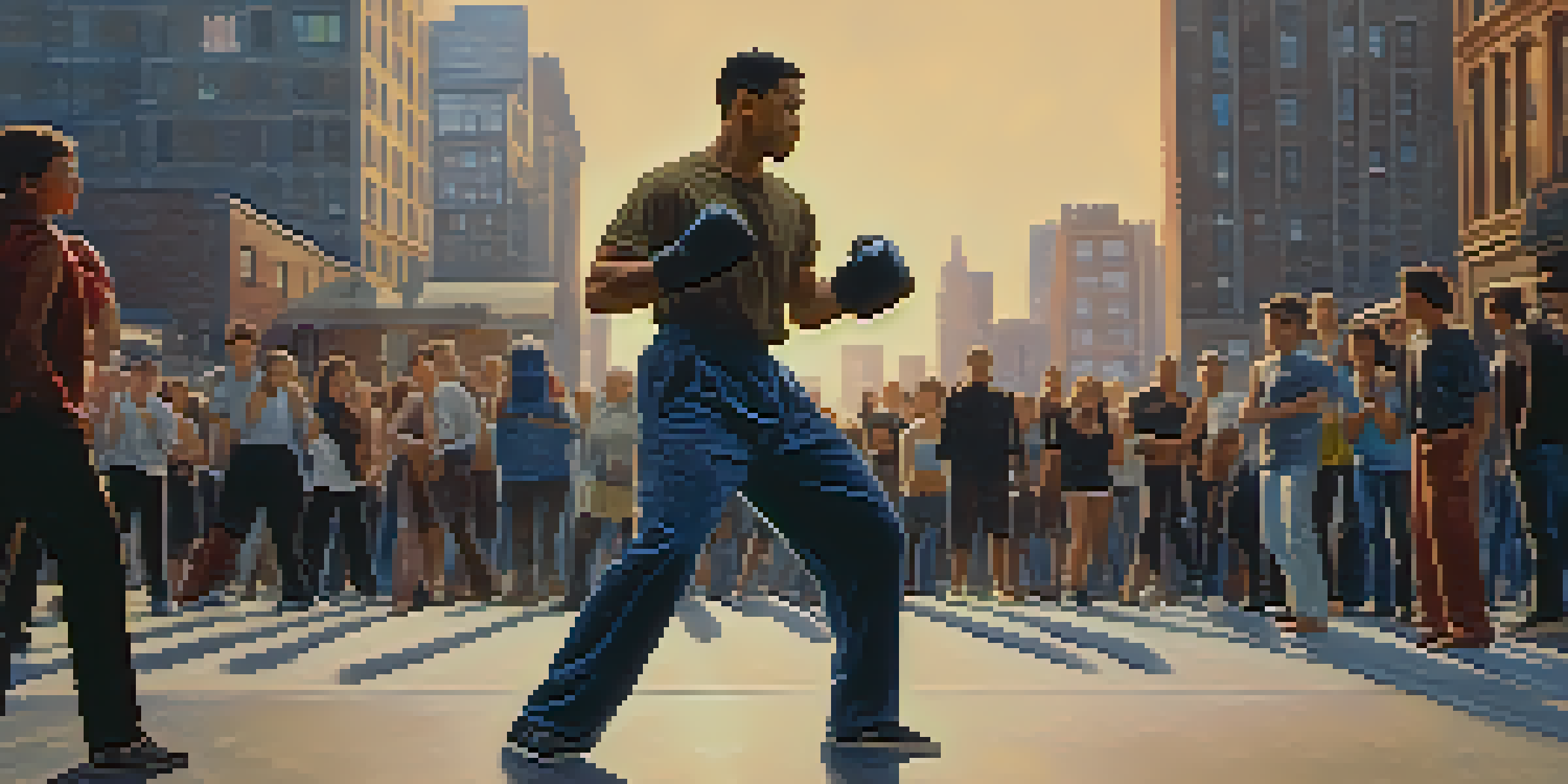 A confident person practicing self-defense in an urban environment, demonstrating a strong stance with hands raised.