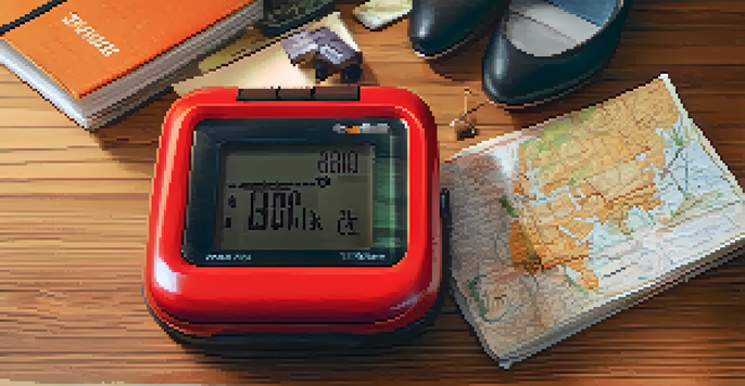 A compact personal alarm device in bright red color surrounded by travel essentials including a passport and sunglasses, on a wooden table illuminated by soft natural light.