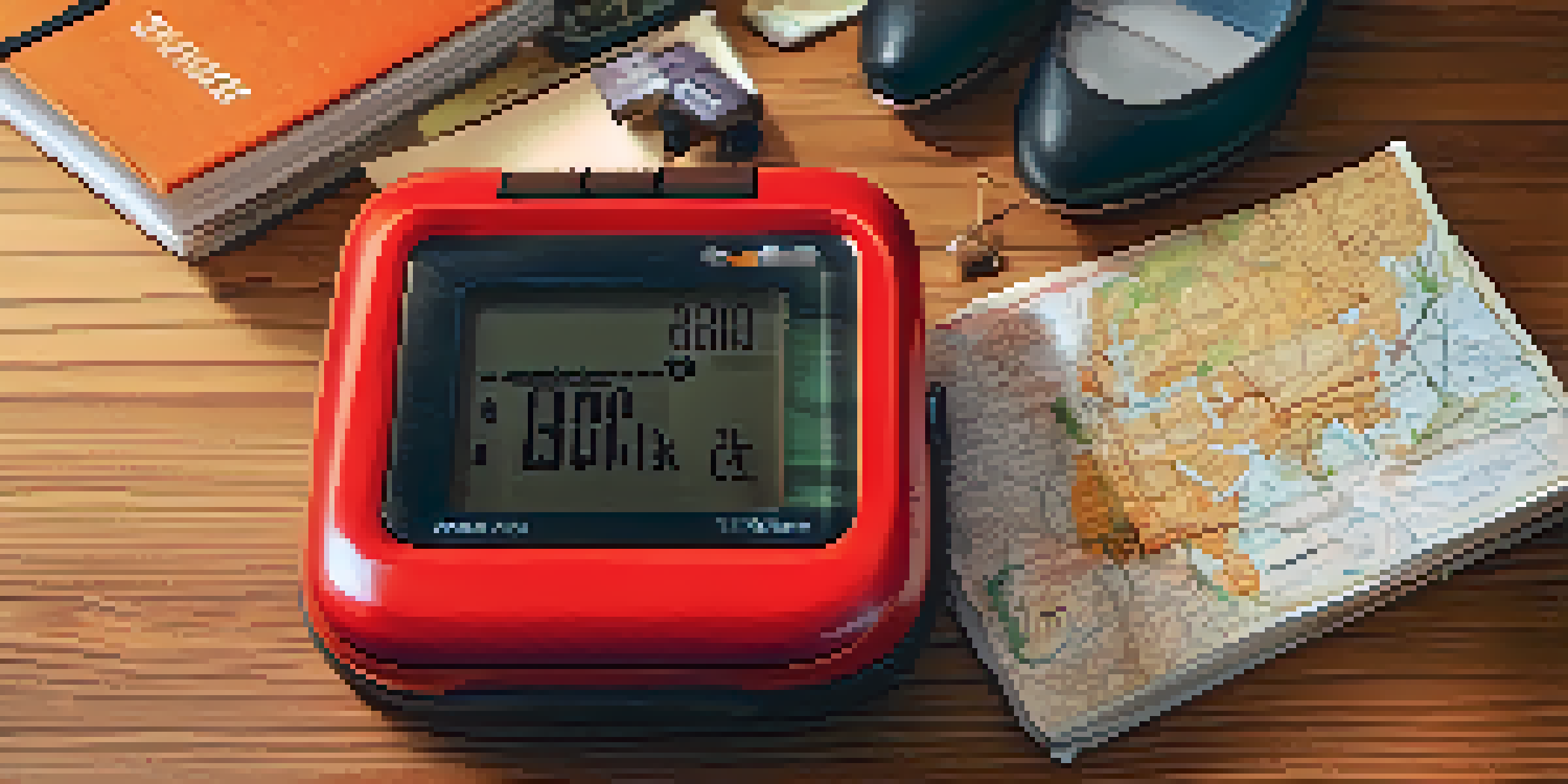A compact personal alarm device in bright red color surrounded by travel essentials including a passport and sunglasses, on a wooden table illuminated by soft natural light.