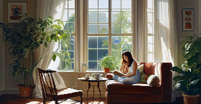 A woman sitting in a cozy armchair by a window, reading a book, with soft morning light filtering through sheer curtains.