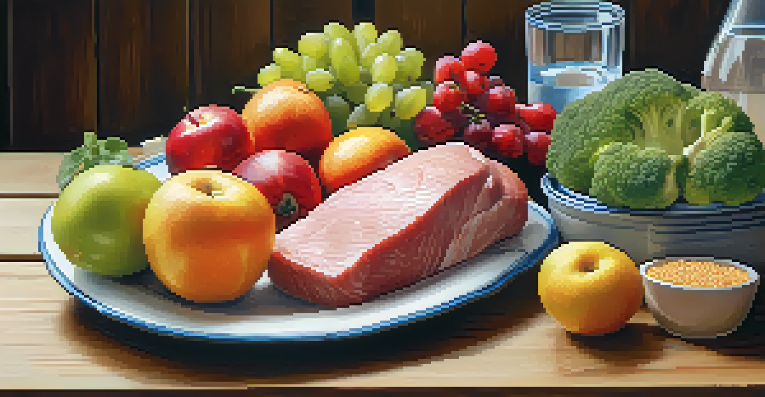 A close-up of healthy food items on a wooden table, including lean meats, fruits, vegetables, and a glass of water.