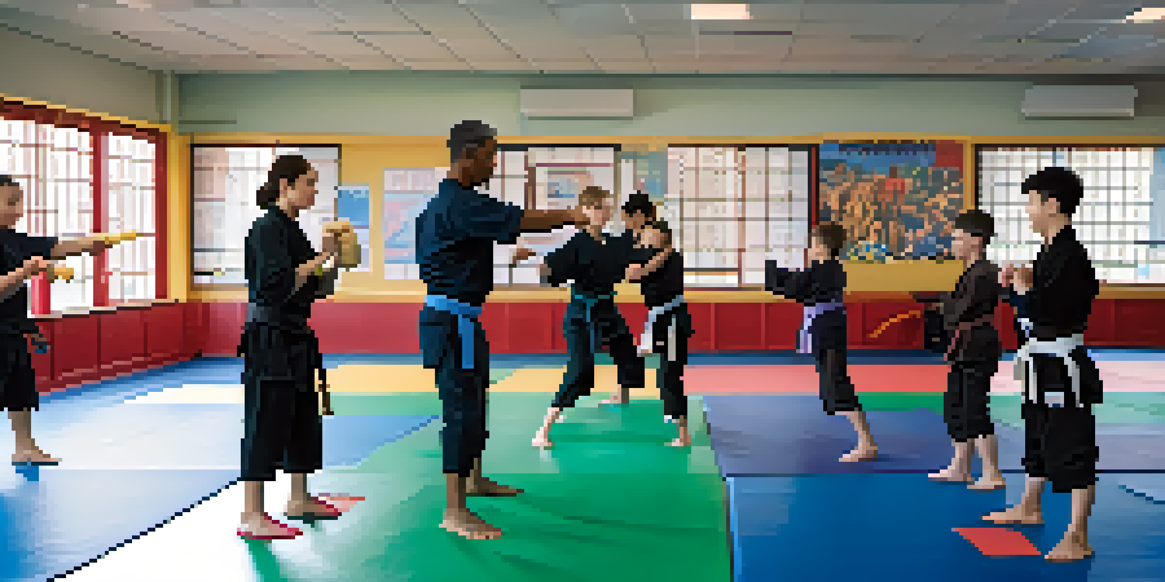 A diverse group of people practicing self-defense in a well-lit dojo with colorful mats and motivational posters.