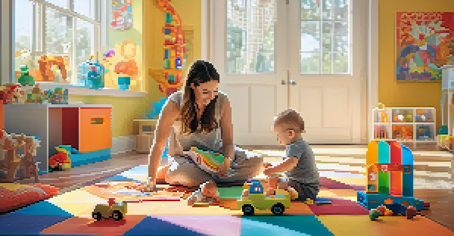 A mother watching her baby play safely in a vibrant playroom with soft mats and colorful toys.