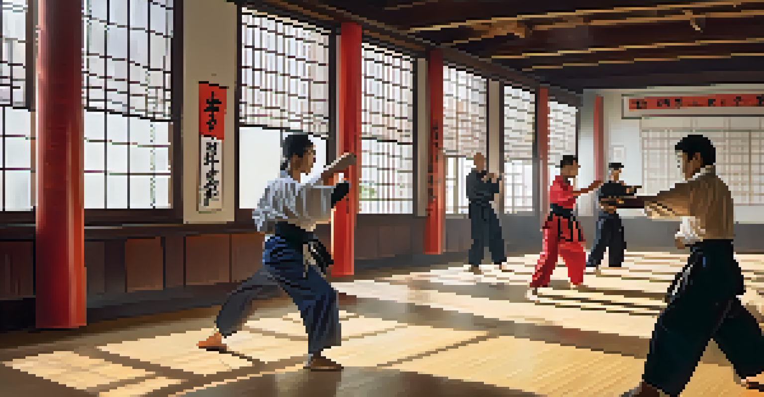 A diverse group training in a martial arts dojo, practicing self-defense under bright sunlight.