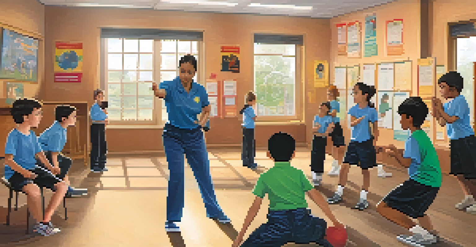 Young students attentively watching an instructor demonstrate self-defense in a classroom setting.