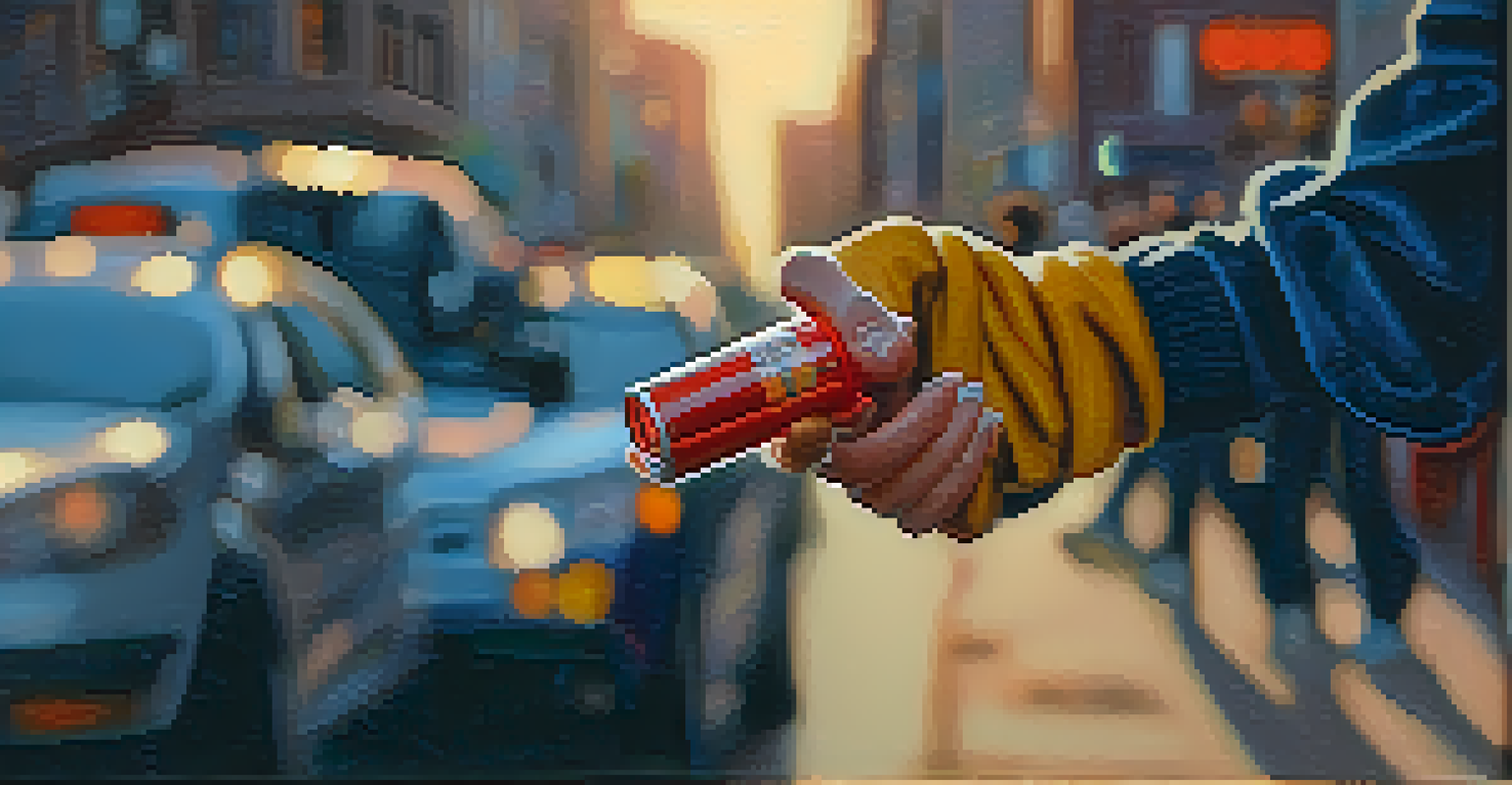 A close-up of a woman's hand gripping pepper spray, with a determined look, set against a softly blurred city street background.