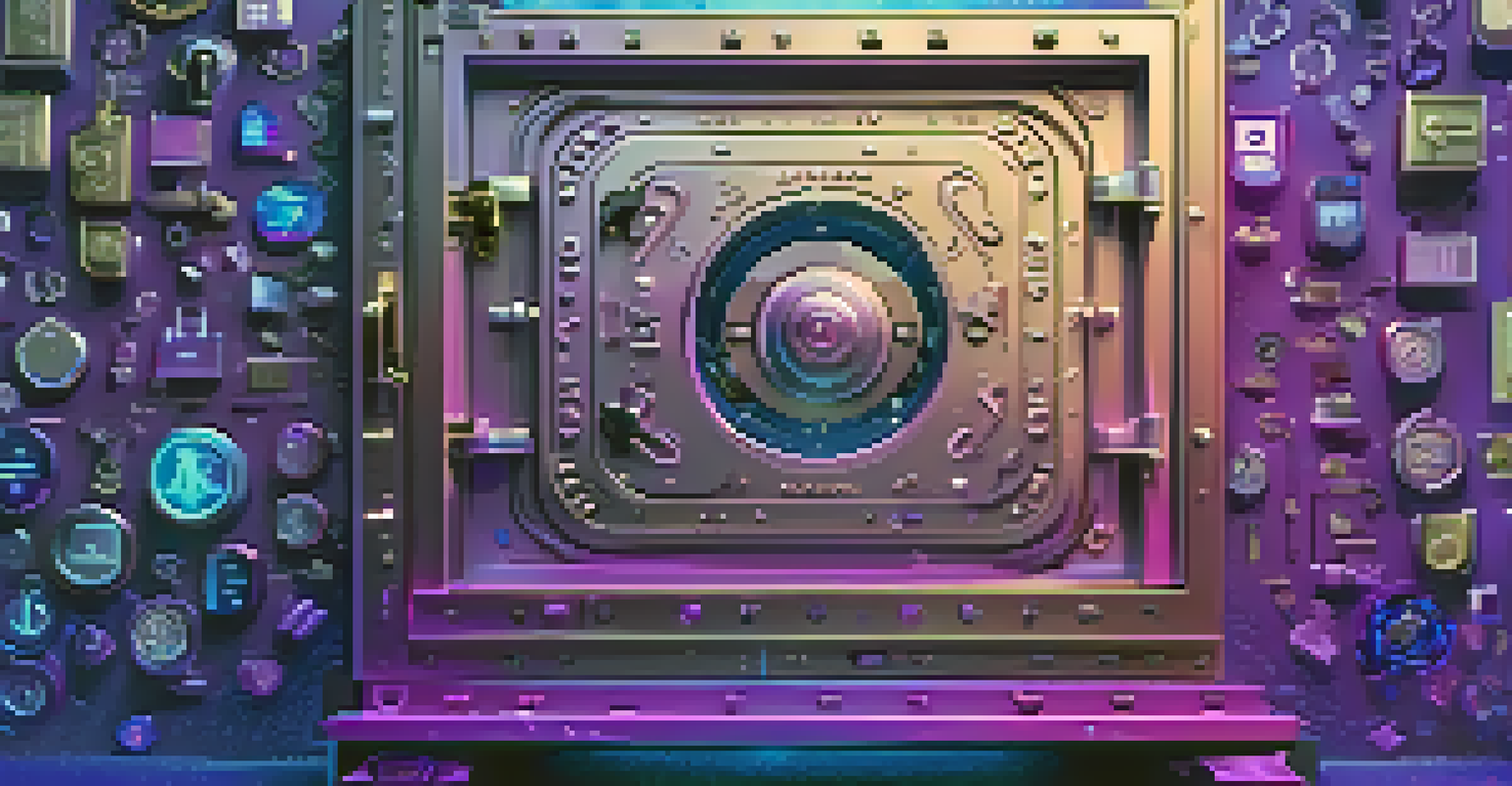 A digital vault surrounded by floating icons of online accounts and locks, representing secure password management.