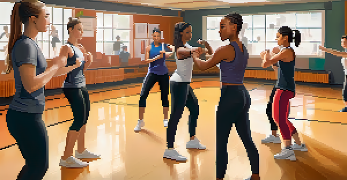 A diverse group of men and women practicing self-defense techniques in a well-lit gym, with a female instructor leading the class.