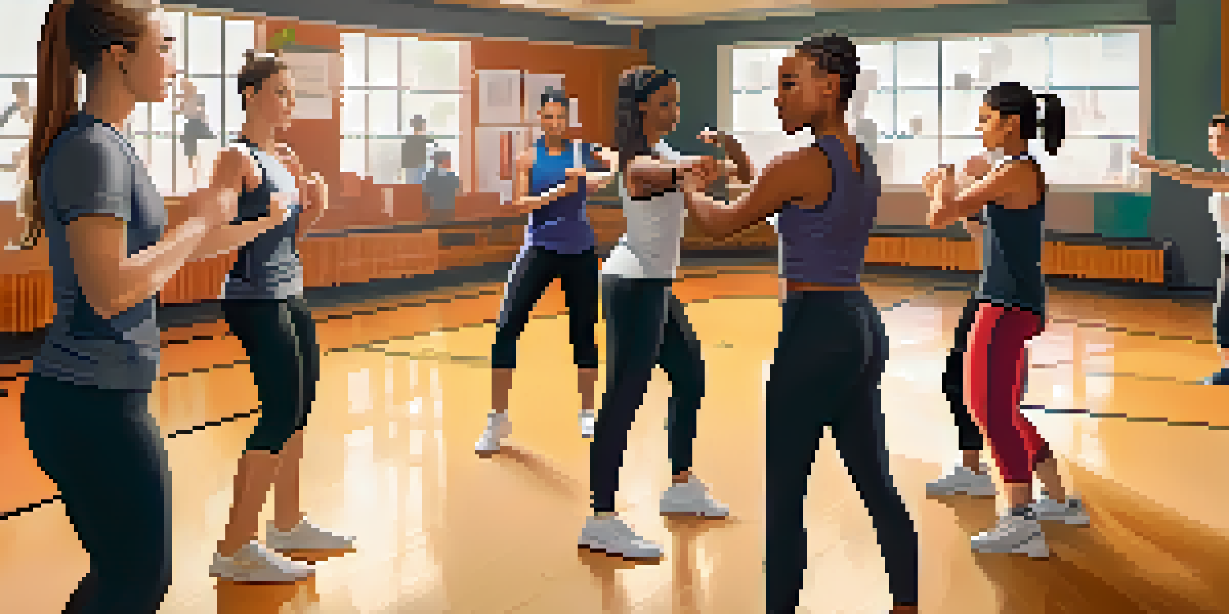 A diverse group of men and women practicing self-defense techniques in a well-lit gym, with a female instructor leading the class.