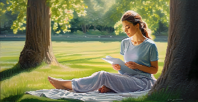 A woman practicing mindfulness in a peaceful park, sitting cross-legged on the grass with her eyes closed, surrounded by trees and flowers.