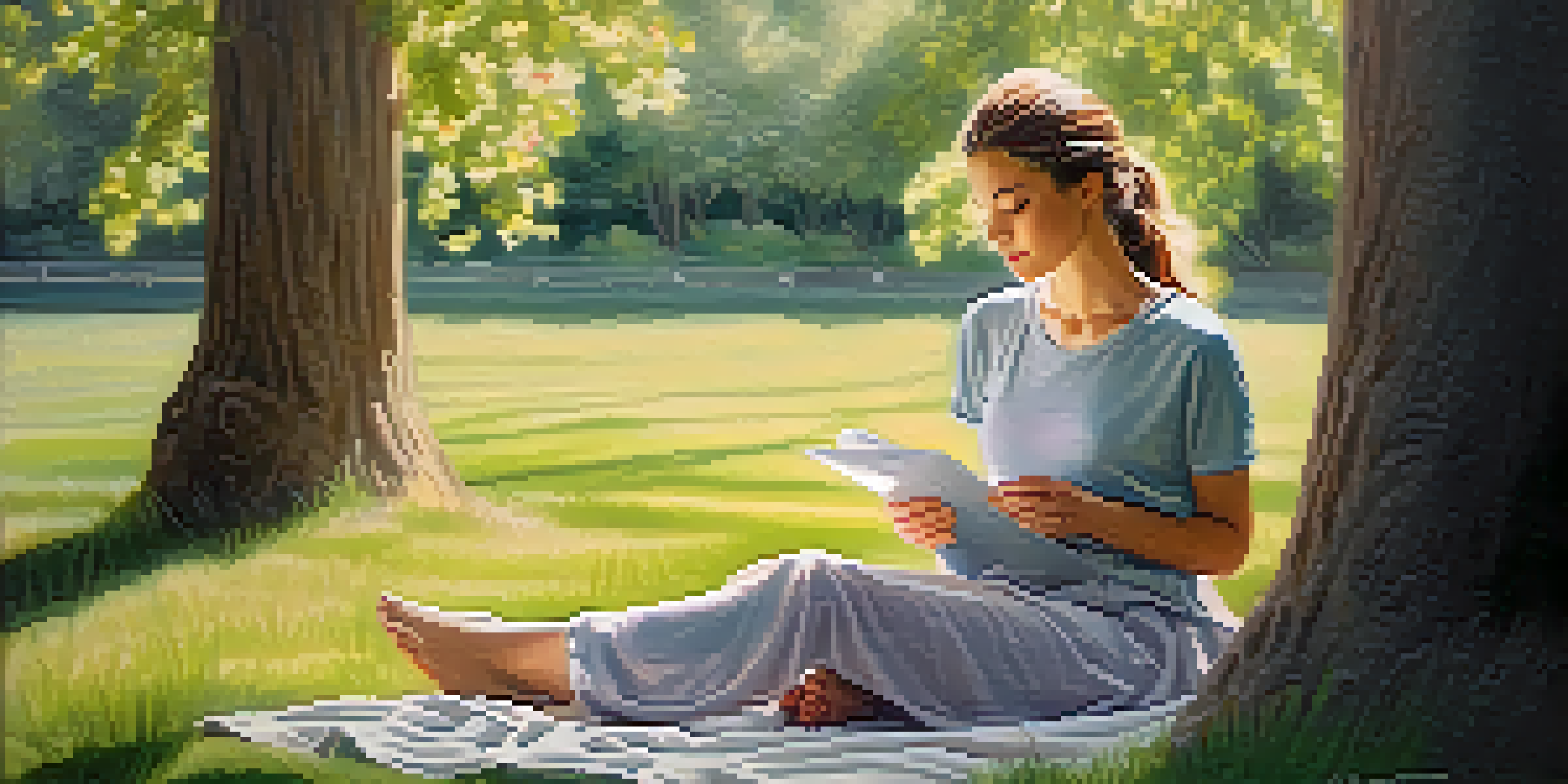 A woman practicing mindfulness in a peaceful park, sitting cross-legged on the grass with her eyes closed, surrounded by trees and flowers.