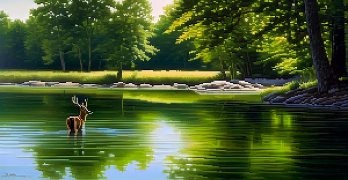 A calm lake with a deer standing by the water's edge, surrounded by green trees and a clear blue sky.