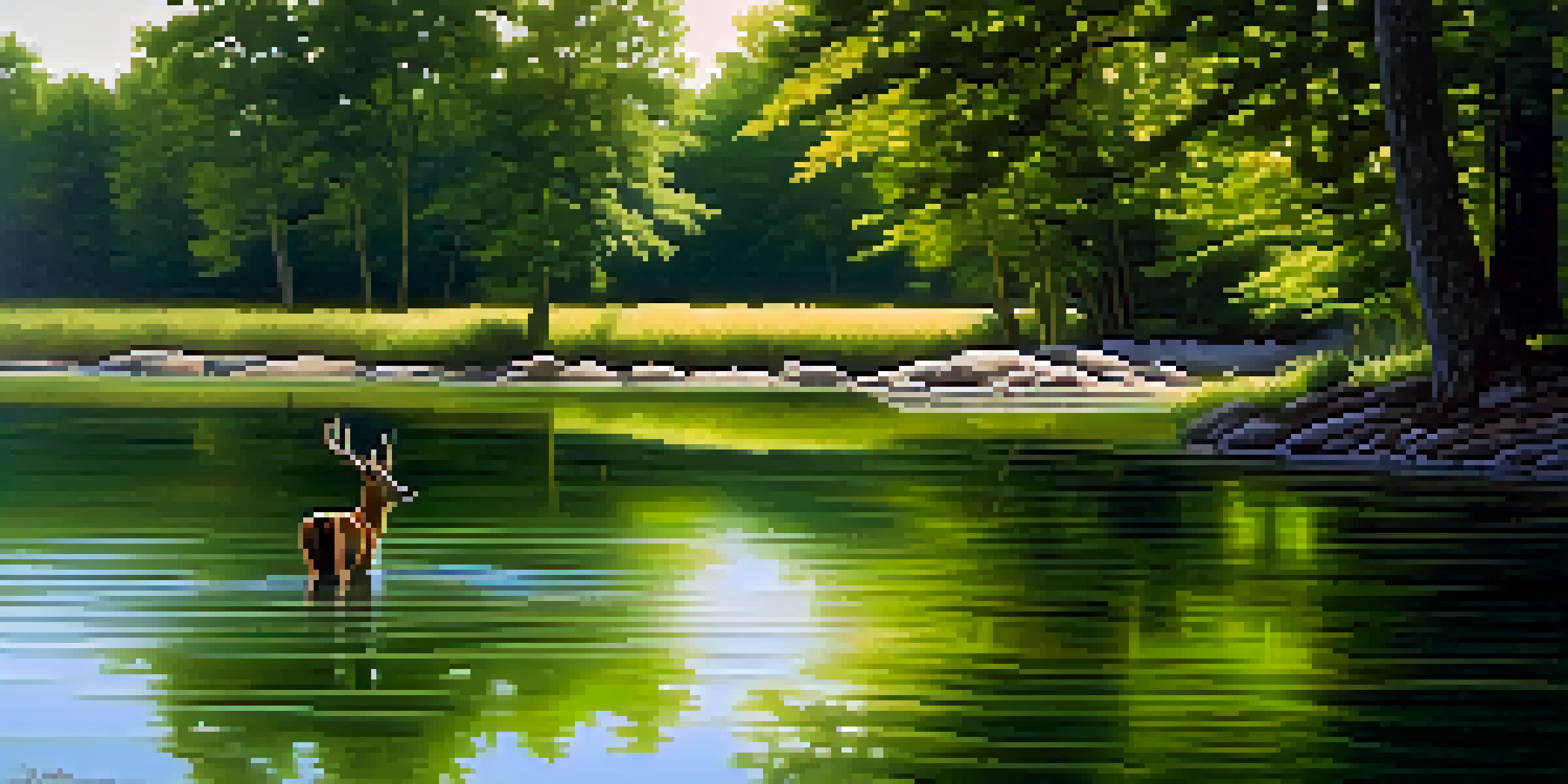 A calm lake with a deer standing by the water's edge, surrounded by green trees and a clear blue sky.