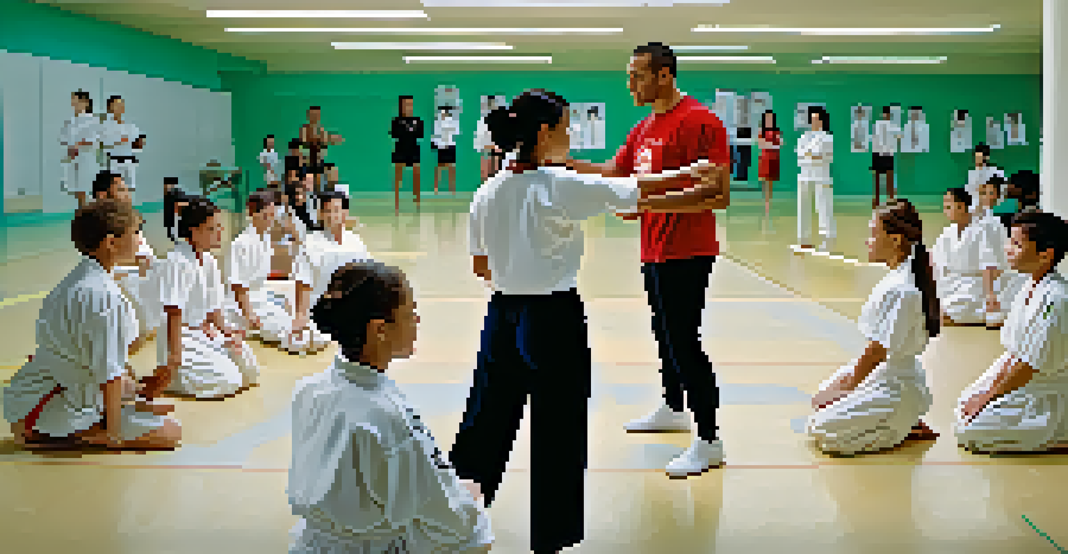 A self-defense instructor demonstrating a kick to a group of attentive students in a bright training space with motivational quotes on the walls.