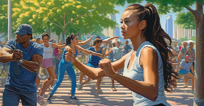 A young woman practicing self-defense techniques in a busy city park, executing a palm strike against an invisible opponent with a vibrant urban background.