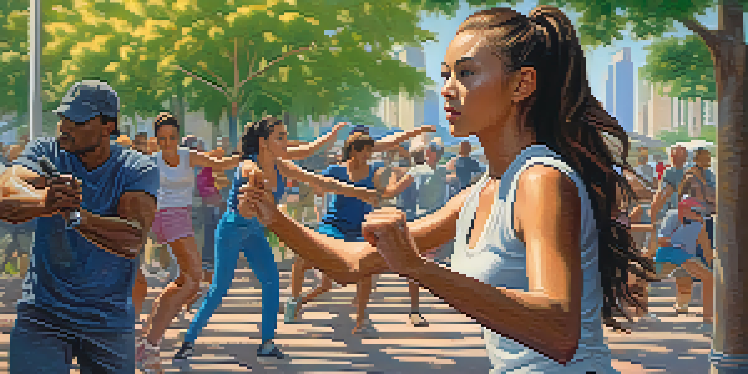 A young woman practicing self-defense techniques in a busy city park, executing a palm strike against an invisible opponent with a vibrant urban background.
