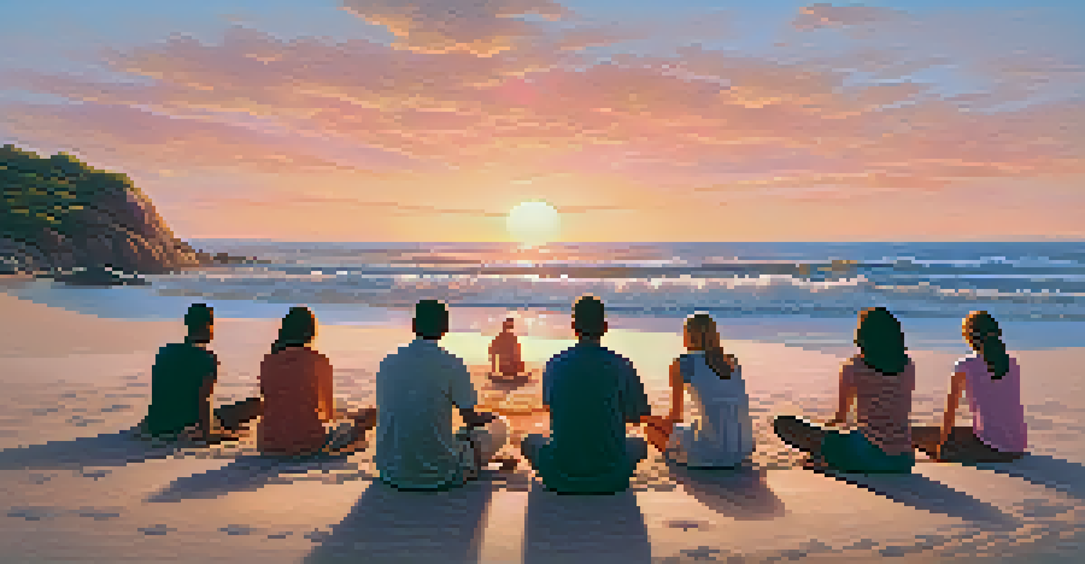 A diverse group of people sitting in a circle on a beach, practicing grounding techniques by engaging with their surroundings as the sun sets.