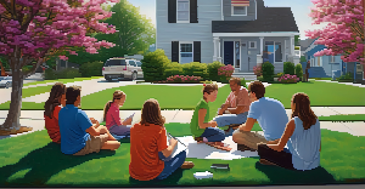 Neighbors gathered in a suburban front yard for a community safety meeting, discussing practices with a whiteboard, surrounded by green lawns and flowers.