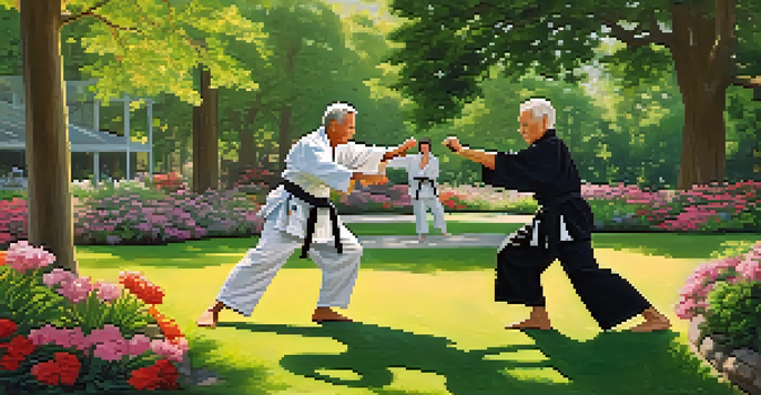 A senior couple practicing self-defense techniques in a park, surrounded by greenery and flowers.