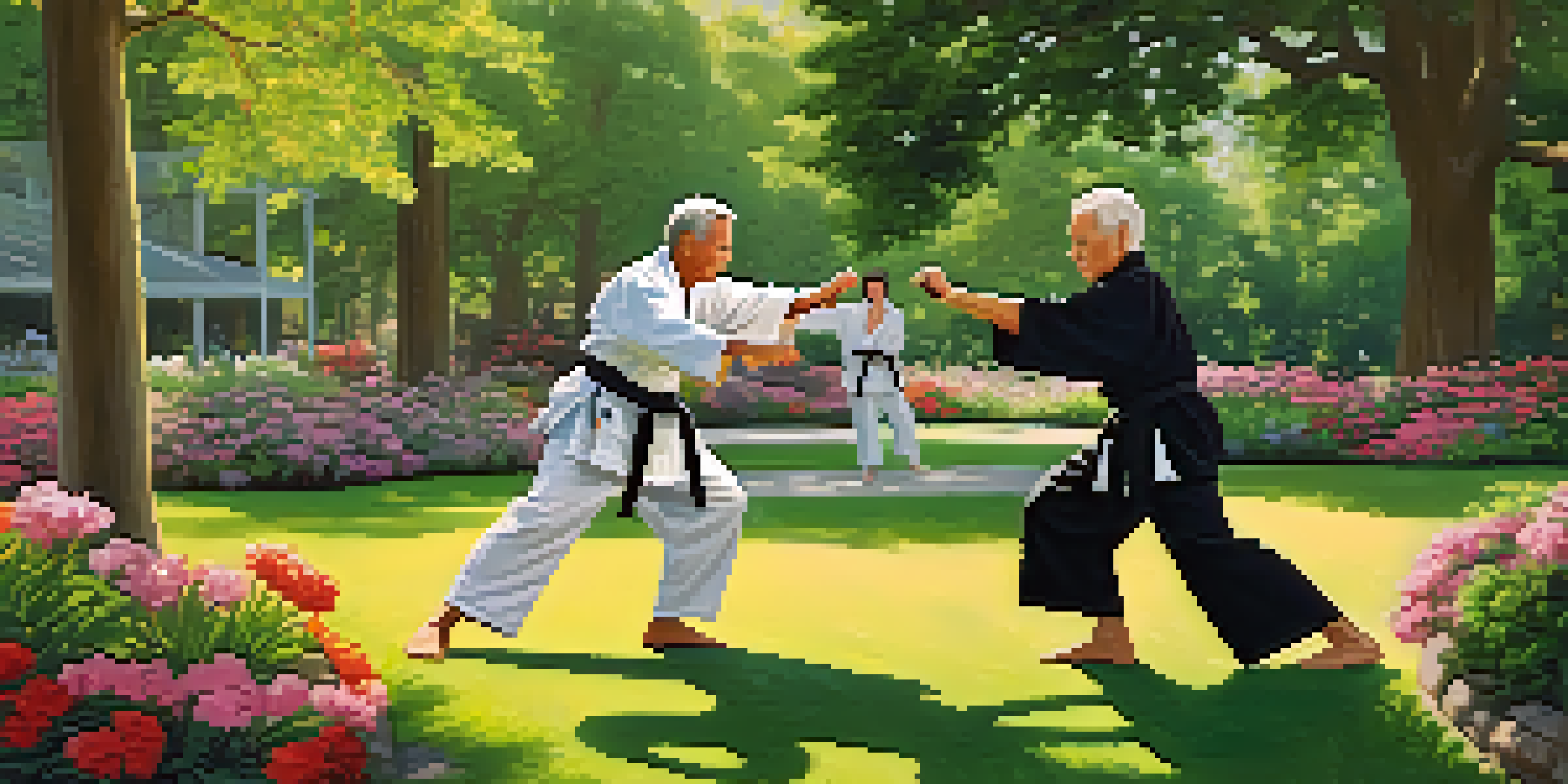 A senior couple practicing self-defense techniques in a park, surrounded by greenery and flowers.