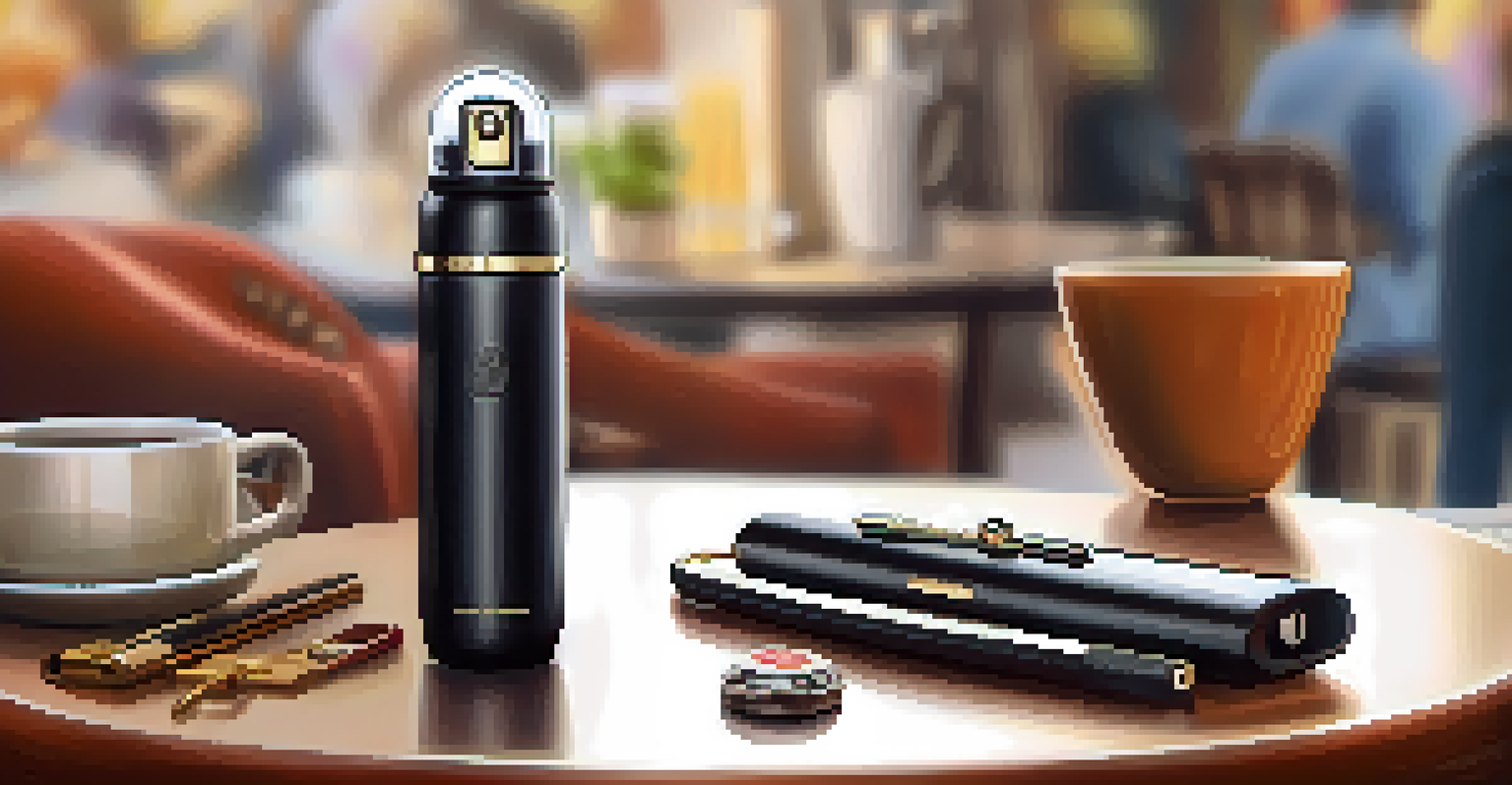 A stylish pepper spray among everyday items like a handbag and keys, highlighting personal safety tools.