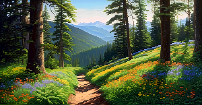 A peaceful forest with a hiking trail, bright sunlight, and blooming wildflowers.