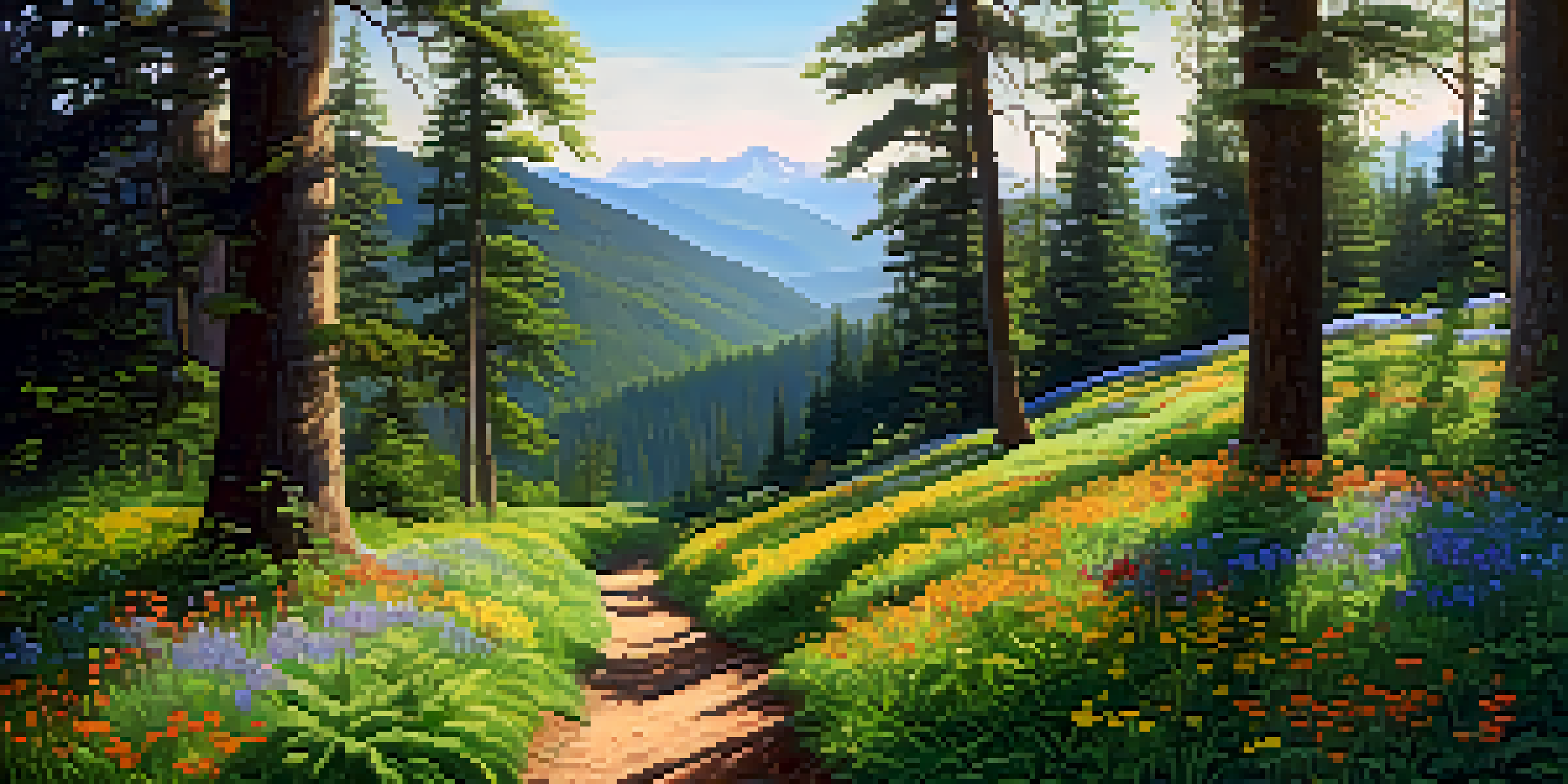 A peaceful forest with a hiking trail, bright sunlight, and blooming wildflowers.