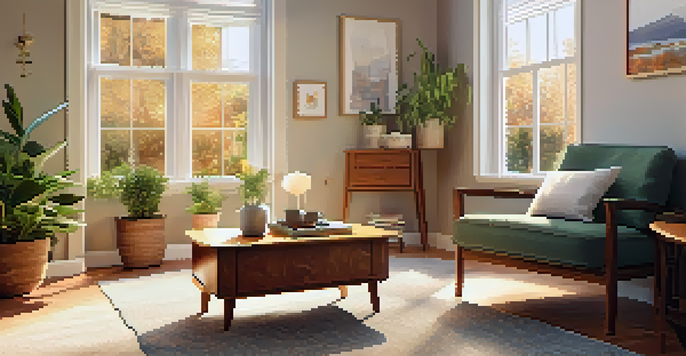 A sunlit living room with a comfy armchair, plants, and safety features for seniors.