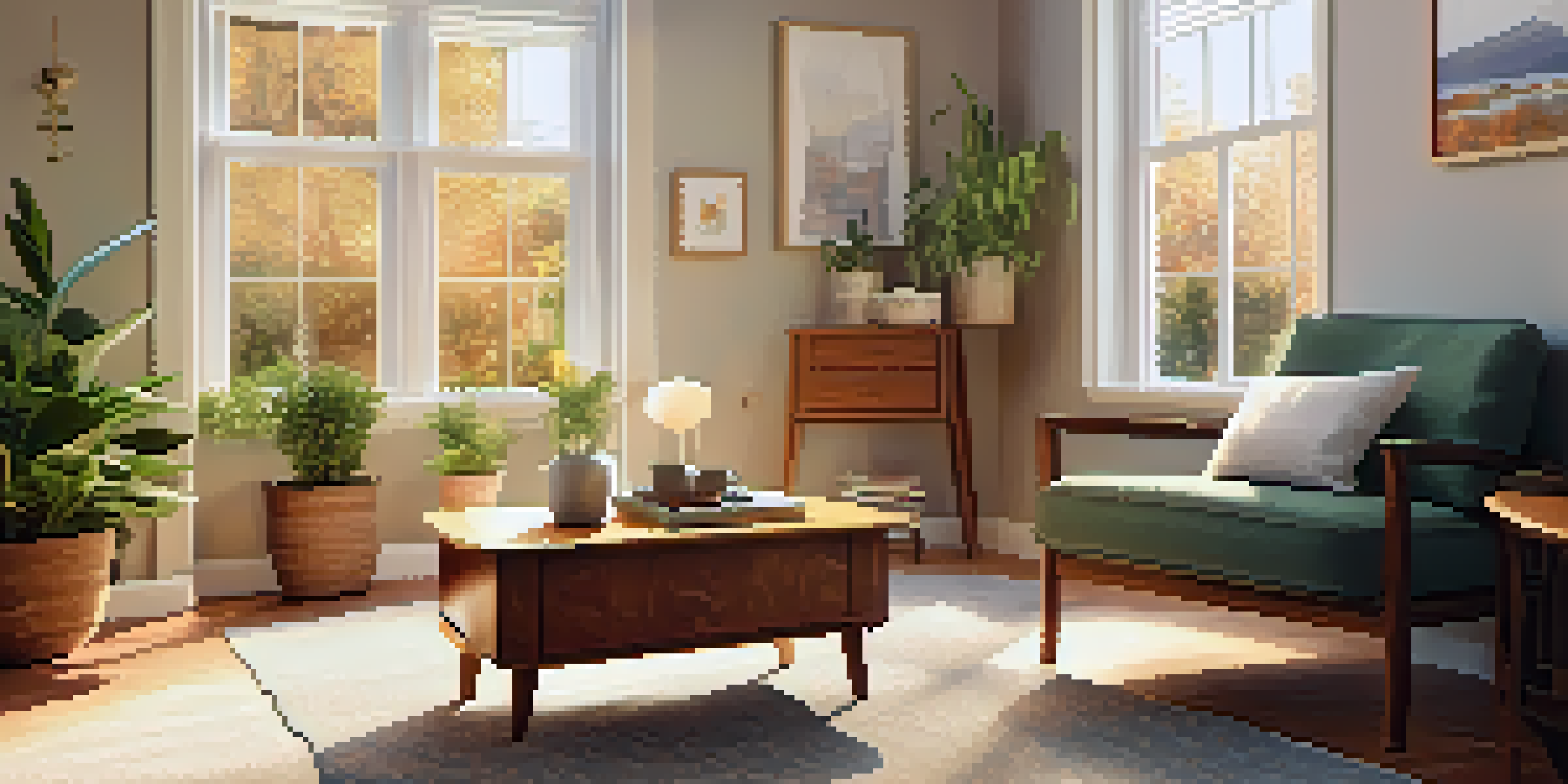 A sunlit living room with a comfy armchair, plants, and safety features for seniors.
