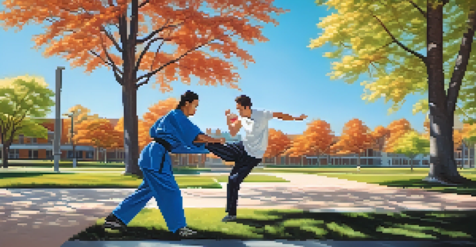 A college student demonstrating a knee kick self-defense technique outdoors on campus, with trees and a blue sky in the background.