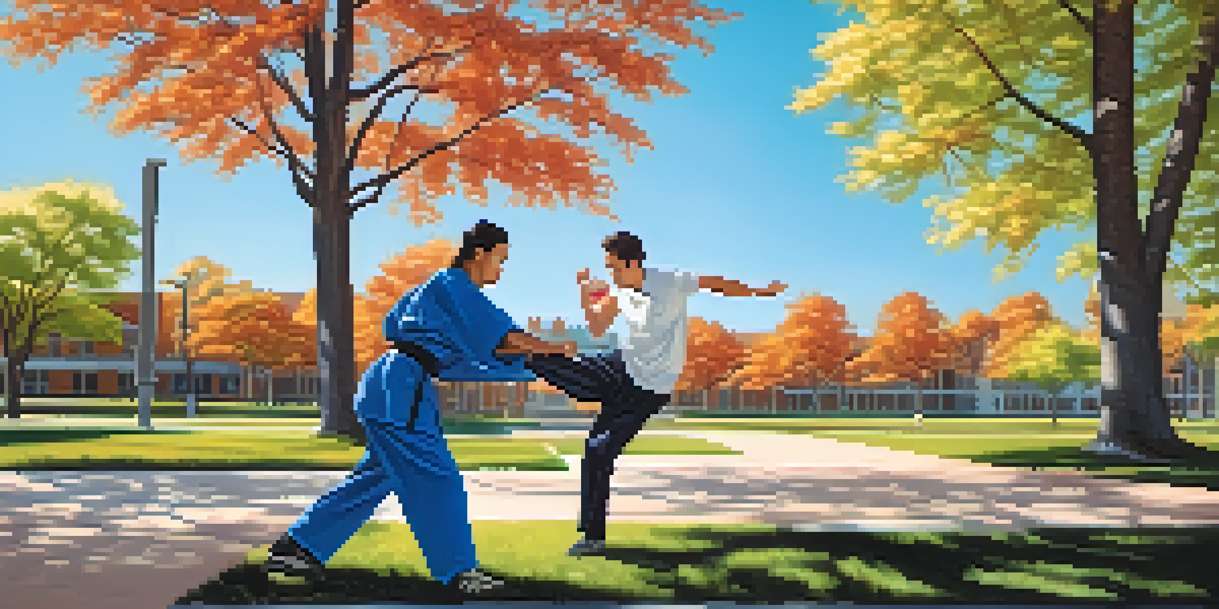 A college student demonstrating a knee kick self-defense technique outdoors on campus, with trees and a blue sky in the background.